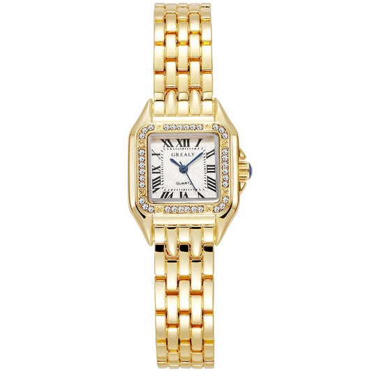 Gold Square-Link Bracelet Watch • Vintage Roman Dial • Luxury-Inspired Women’s Quartz Watch