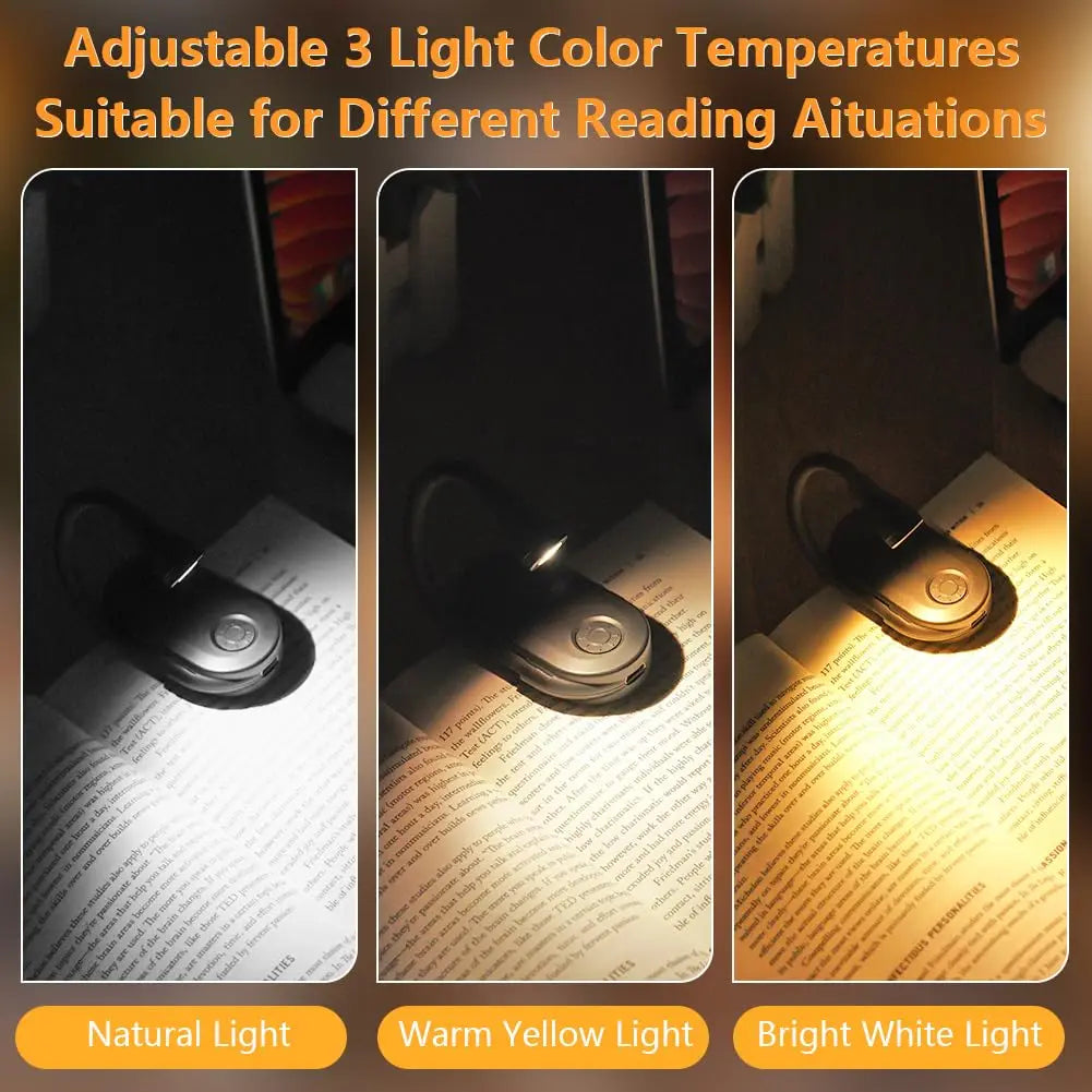 Portable Mini LED Book Light 3 Color Warm Cool White Rechargeable Clip 360° Flip Book Lamp for Travel Bedroom Reading Light