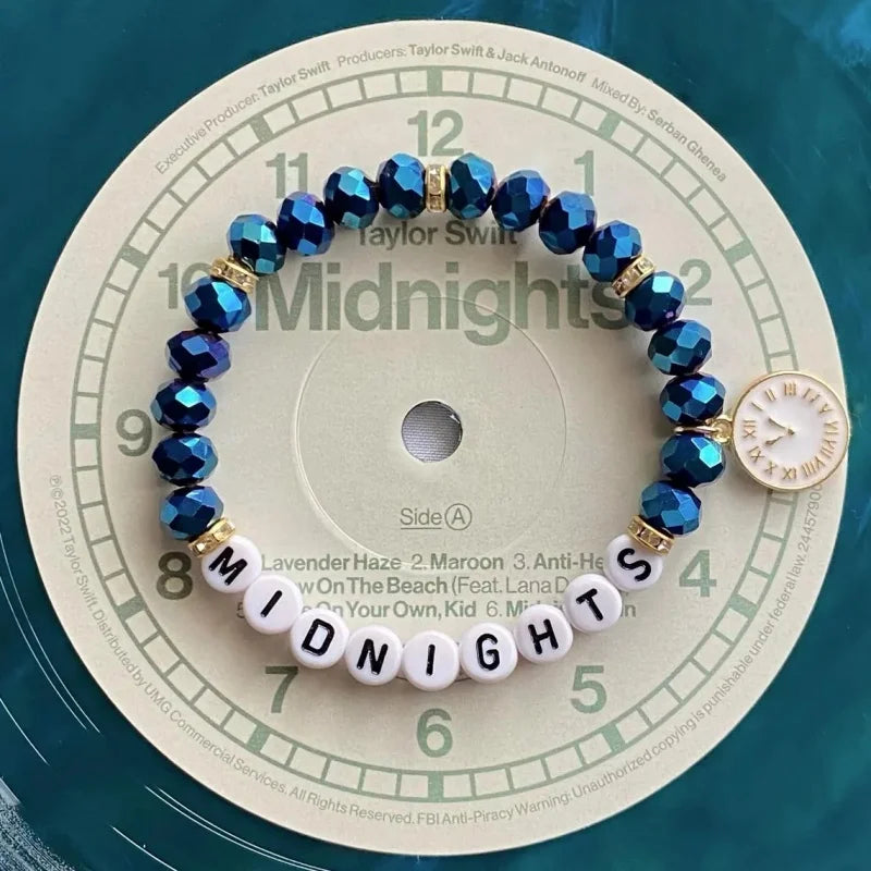 Midnights-Inspired Friendship Bracelet • Blue Crystal Beads + Clock Charm • Swiftie Bracelet Gift