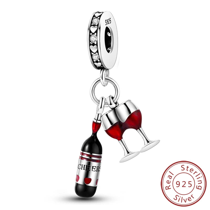 Fit Original 925 Sterling Silver Charms Beads Wine Glass Coffee Cup Charms Pendant For Women Bracelet Charms DIY Jewelry Gift