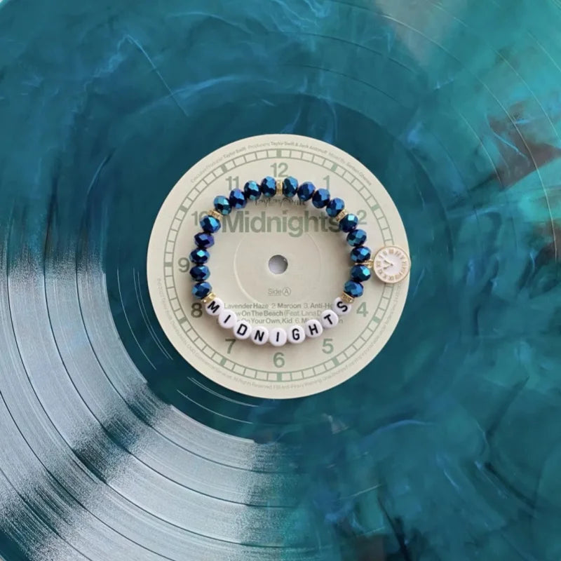 Midnights-Inspired Friendship Bracelet • Blue Crystal Beads + Clock Charm • Swiftie Bracelet Gift