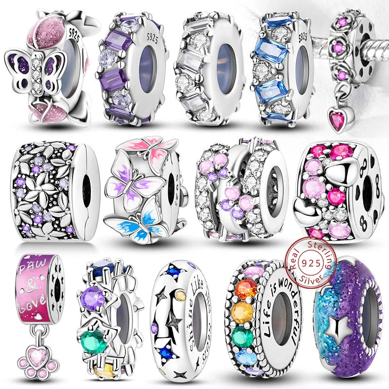 Fit Original Charms Beads 925 Sterling Silver Clip Charms Zircon Silicone Spacer Beads for Bracelet Women DIY Gift Party
