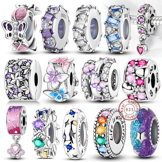 Fit Original Charms Beads 925 Sterling Silver Clip Charms Zircon Silicone Spacer Beads for Bracelet Women DIY Gift Party