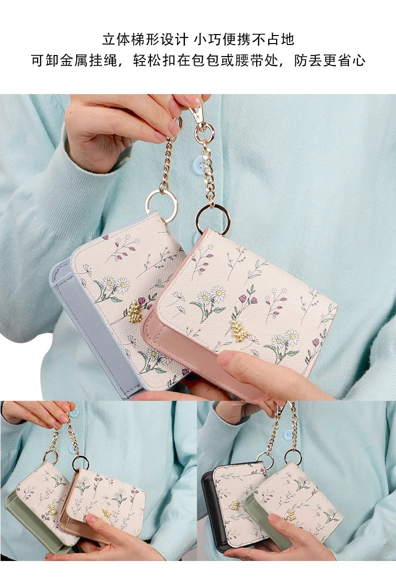 Card Bag Keychain Coin Purses Women's Compact Portable Change Bag Thin Design PU Leather Floral Print Coin Holders for Women