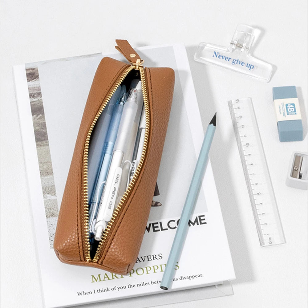 Large Capacity Pen Bag PU Leather Pen Case Korean Stationery Holder Storage Box Zipper Pencil Pouch Student School Supplies