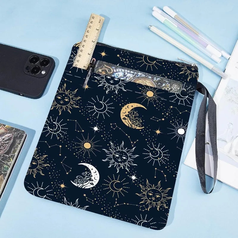 1 pc Sun Moon Star Book Sleeve with Zipper Galaxy Boho Book Protector Pouch for Paperback Black Space Waterproof Fabric