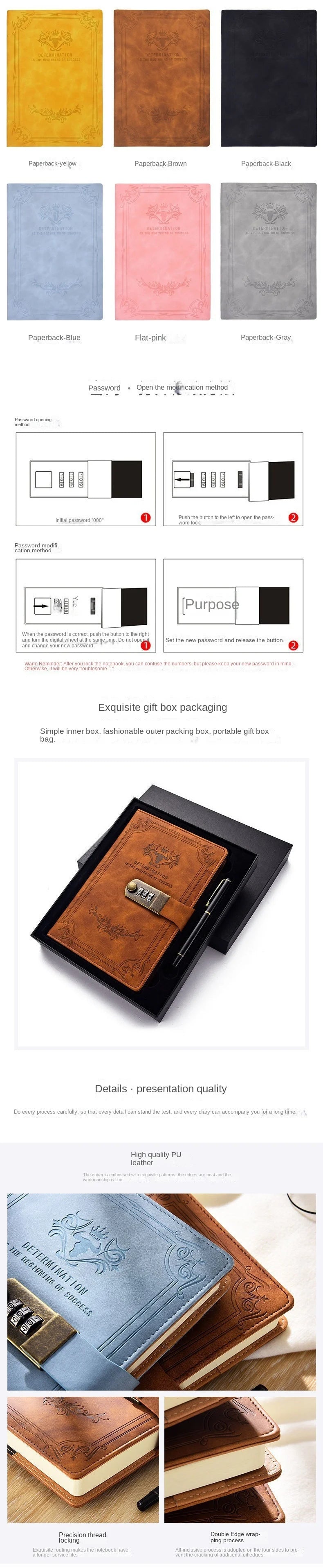 A5 200 Pages Retro Password Book with Lock Diary Thickened Creative Hand Ledger Student Notepad Stationery Notebook Binder