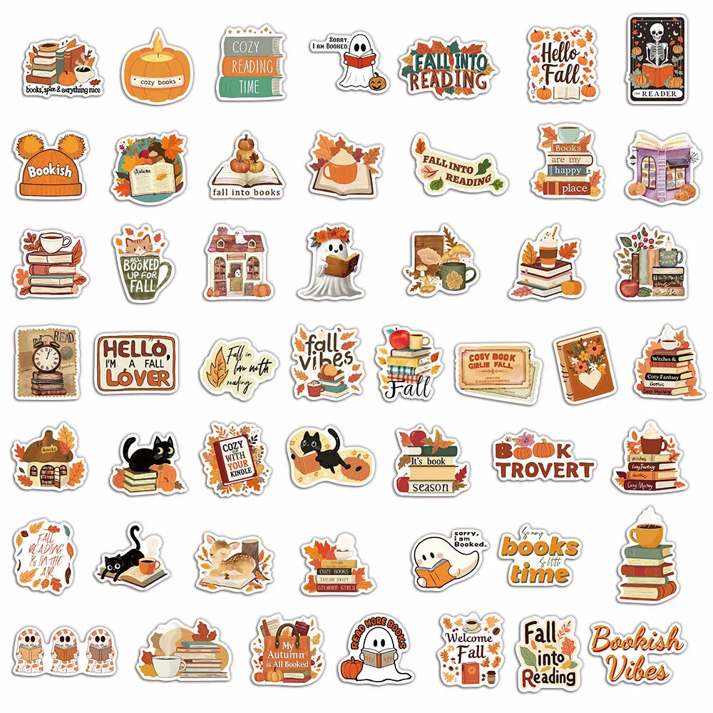 50PCS Bookish Autumn Graffiti Stickers Cartoon Cute Ghost Books Graffiti DIY Bookbook Notebook Stickers