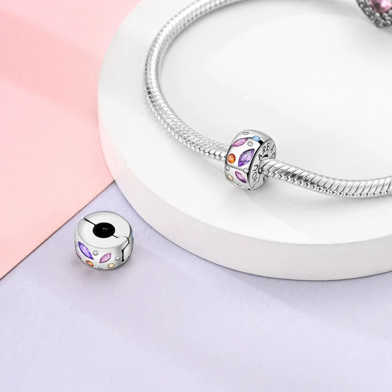 Fit Original Charms Beads 925 Sterling Silver Clip Charms Zircon Silicone Spacer Beads for Bracelet Women DIY Gift Party