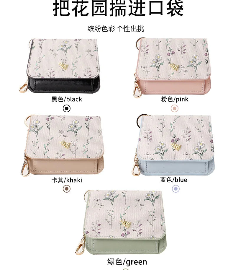 Card Bag Keychain Coin Purses Women's Compact Portable Change Bag Thin Design PU Leather Floral Print Coin Holders for Women