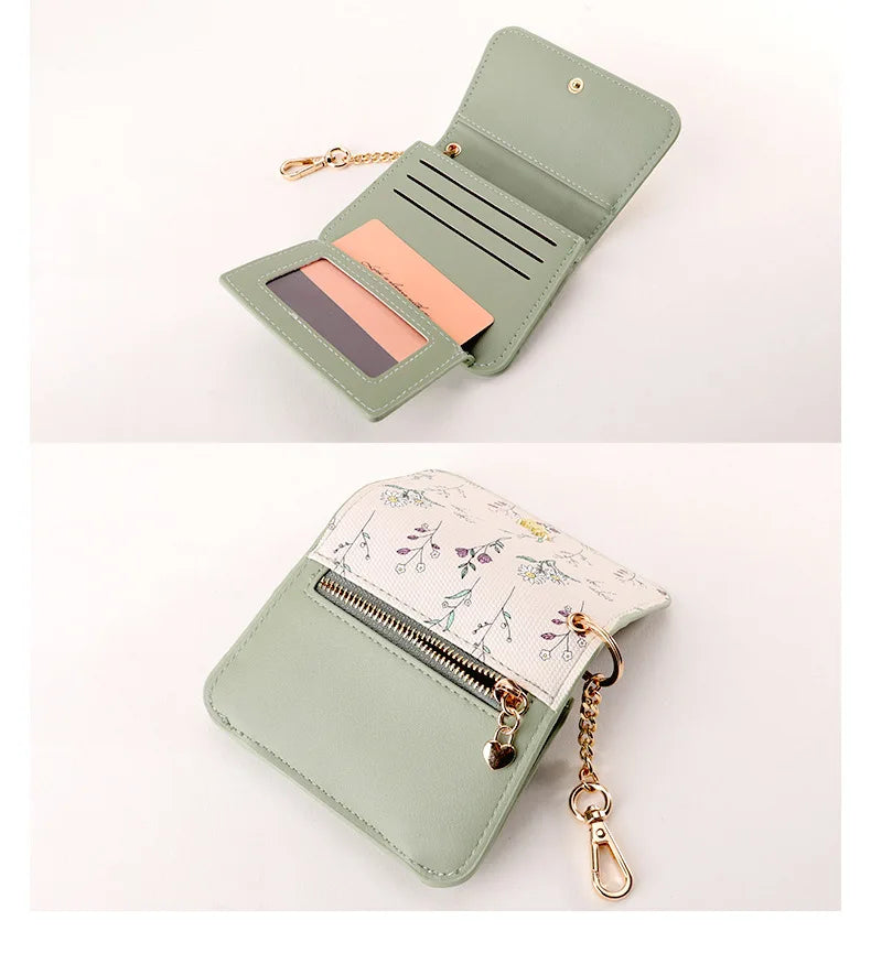 Card Bag Keychain Coin Purses Women's Compact Portable Change Bag Thin Design PU Leather Floral Print Coin Holders for Women