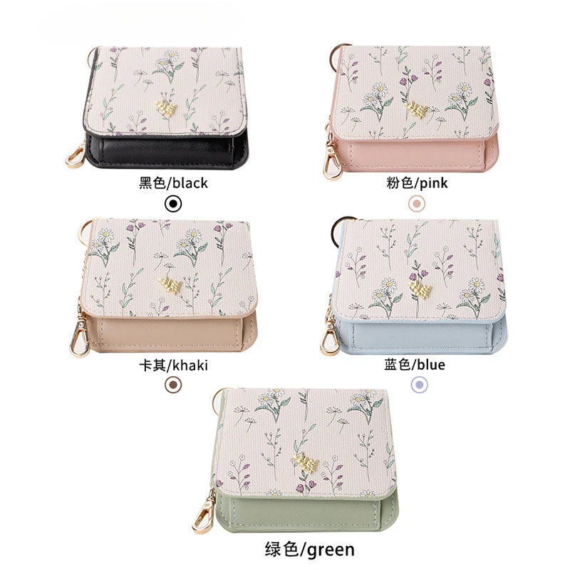 Card Bag Keychain Coin Purses Women's Compact Portable Change Bag Thin Design PU Leather Floral Print Coin Holders for Women