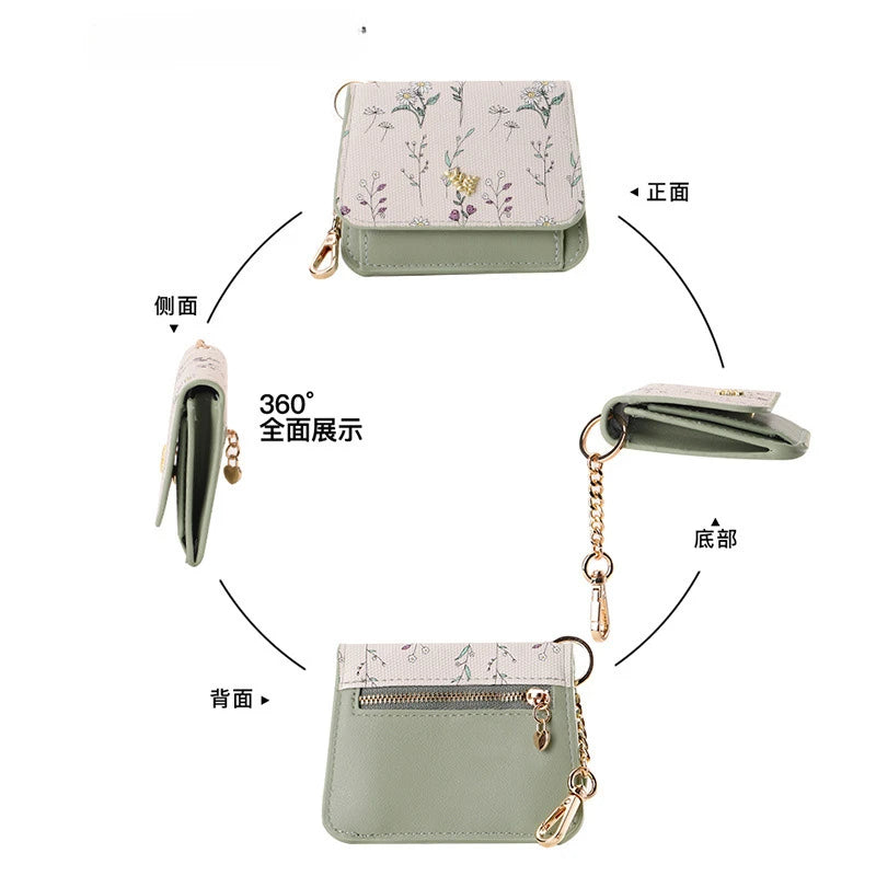 Card Bag Keychain Coin Purses Women's Compact Portable Change Bag Thin Design PU Leather Floral Print Coin Holders for Women