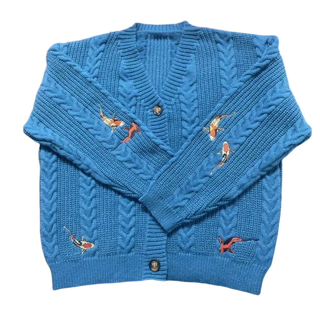 2025 Spring Women Trend ttpd Loose Fitting Floral Embroidered Knitted Cardigan Y2k Regulai Fit Blue Koi Cardigans Female