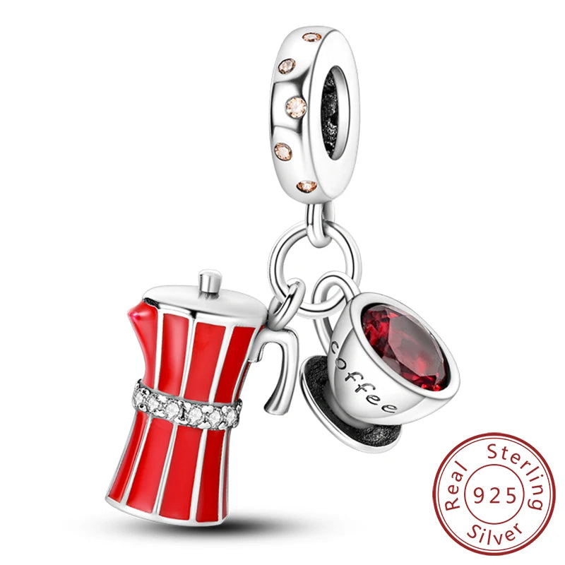 Fit Original 925 Sterling Silver Charms Beads Wine Glass Coffee Cup Charms Pendant For Women Bracelet Charms DIY Jewelry Gift