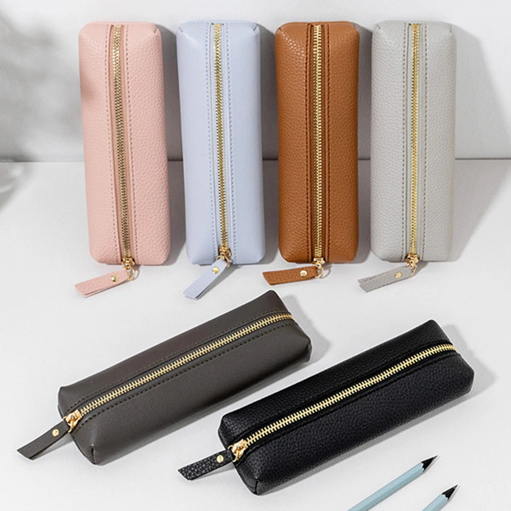 Large Capacity Pen Bag PU Leather Pen Case Korean Stationery Holder Storage Box Zipper Pencil Pouch Student School Supplies