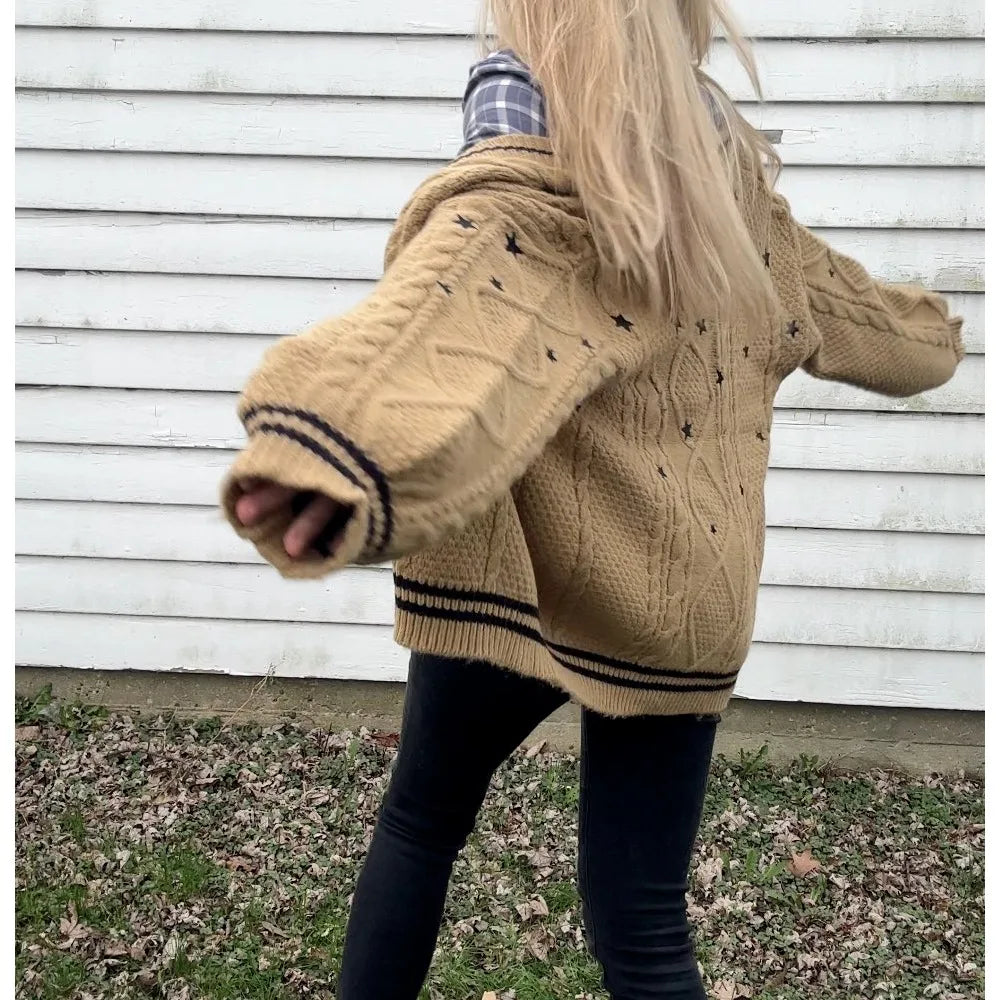 Fearless-Era Inspired Knitted Cardigan – Star Embroidered Cable Knit | Fan-Made Dupe