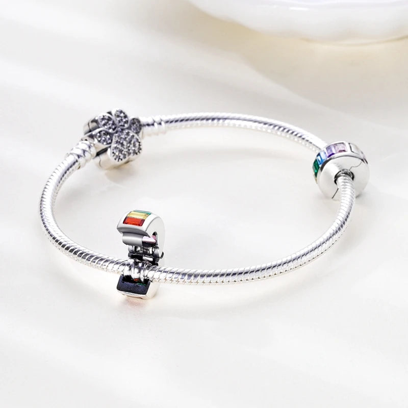 Fit Original Charms Beads 925 Sterling Silver Clip Charms Zircon Silicone Spacer Beads for Bracelet Women DIY Gift Party