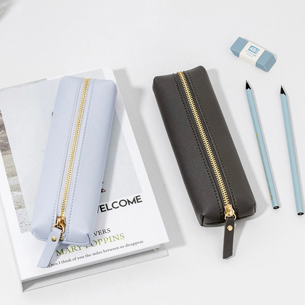 Large Capacity Pen Bag PU Leather Pen Case Korean Stationery Holder Storage Box Zipper Pencil Pouch Student School Supplies
