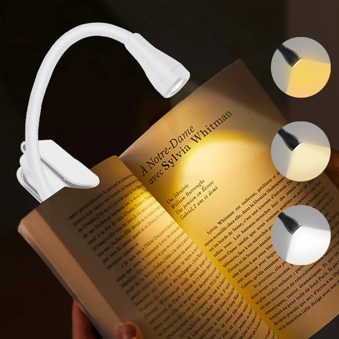 Portable Mini LED Book Light 3 Color Warm Cool White Rechargeable Clip 360° Flip Book Lamp for Travel Bedroom Reading Light