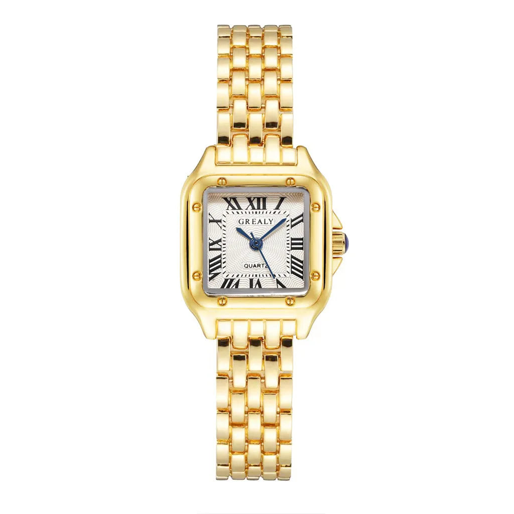 Gold Square-Link Bracelet Watch • Vintage Roman Dial • Luxury-Inspired Women’s Quartz Watch