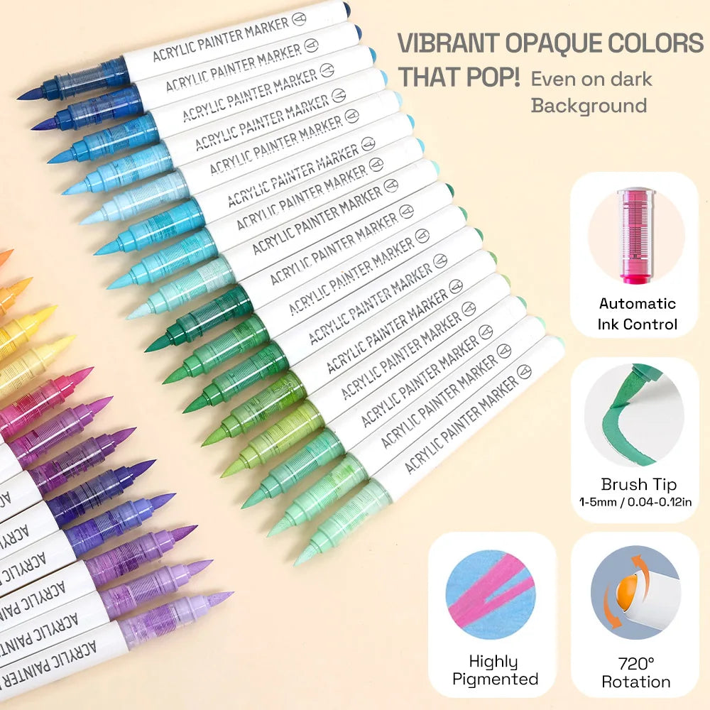 Automatic Ink Control Acrylic Paint Markers, 9 pcs Brush Tip Acrylic Paint Pens set with 7 professional color series