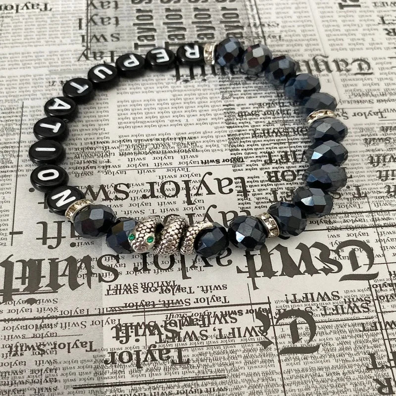 Reputation-Era Inspired Friendship Bracelet – Black Crystal Beads & Snake Charm | Dark Feminine Fan Accessory