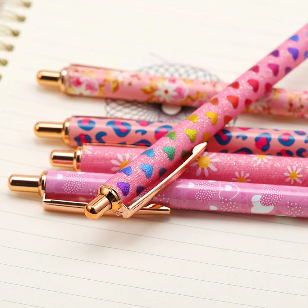 Lytwtw's Press Ballpoint Pen Luxury Cute Kawaii Pink Roseo Metal Stationery School Office Supplies Spinning 5 Pieces