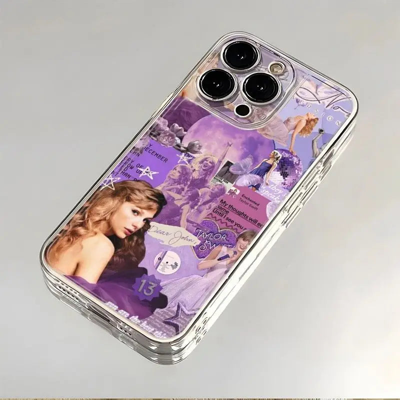 Purple Aesthetic Pop Star Collage Phone Case – Shockproof Clear Cover for iPhone (7–16 Series)