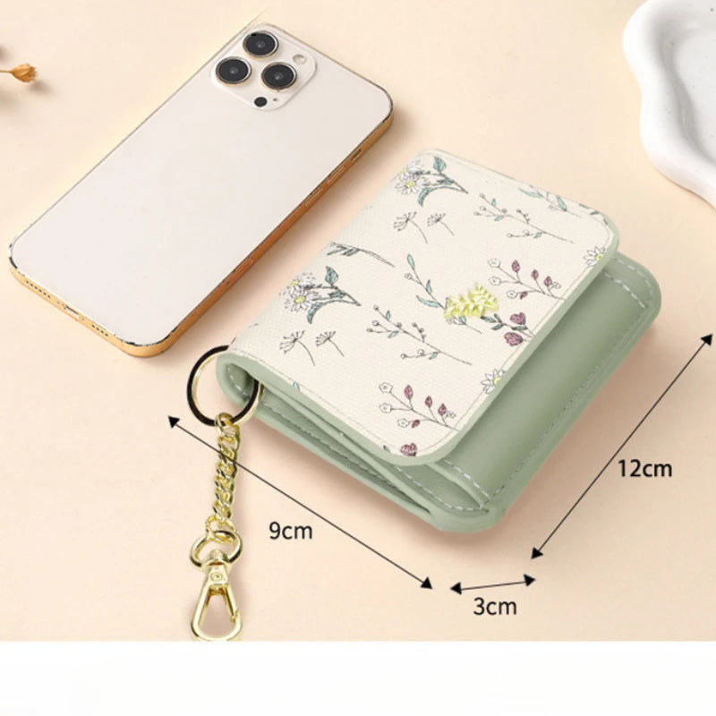 Card Bag Keychain Coin Purses Women's Compact Portable Change Bag Thin Design PU Leather Floral Print Coin Holders for Women