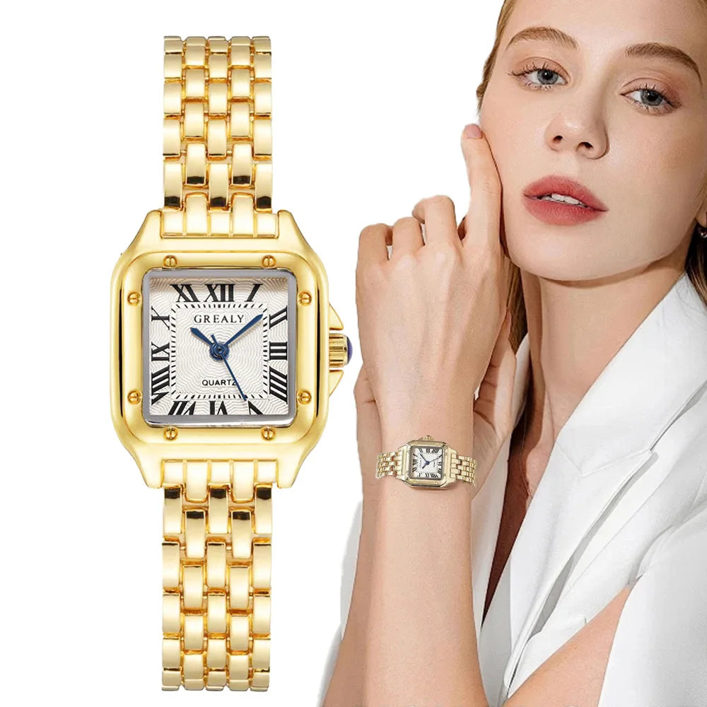 Gold Square-Link Bracelet Watch • Vintage Roman Dial • Luxury-Inspired Women’s Quartz Watch