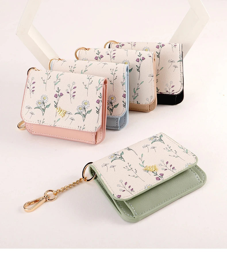 Card Bag Keychain Coin Purses Women's Compact Portable Change Bag Thin Design PU Leather Floral Print Coin Holders for Women
