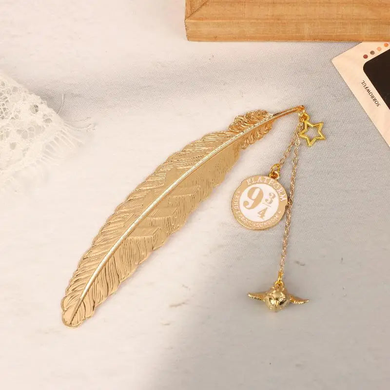 Golden Feather Bookmark with Platform 9¾ & Golden Wings Charm – Vintage Metal Bookmark for Book Lovers & Potter Fans - élise & madelyn