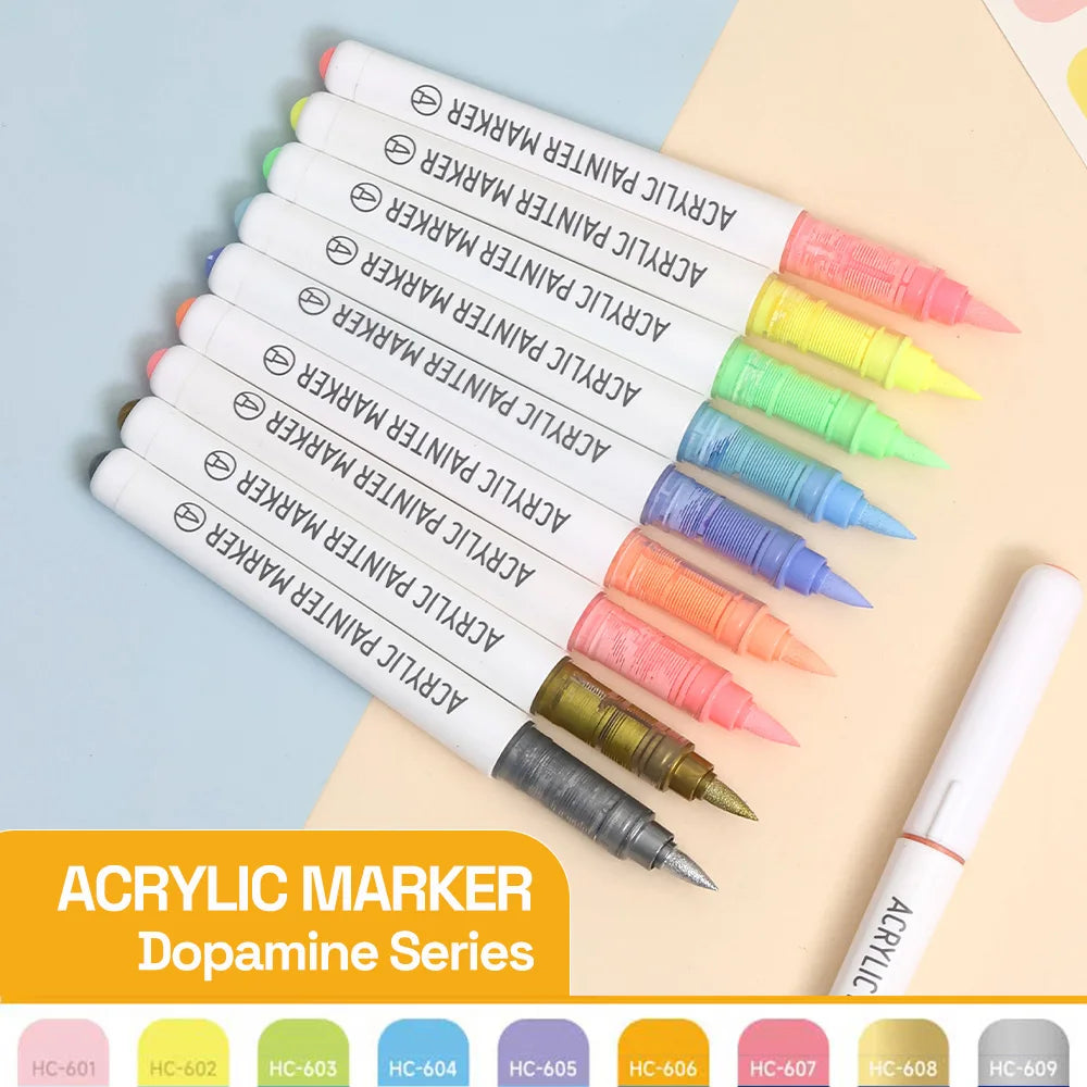 Automatic Ink Control Acrylic Paint Markers, 9 pcs Brush Tip Acrylic Paint Pens set with 7 professional color series