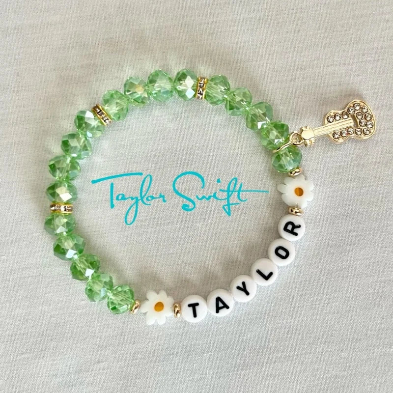 Debut-Era Inspired Friendship Bracelet – Green Crystal Beads & Guitar Charm | Aesthetic Fan Gift