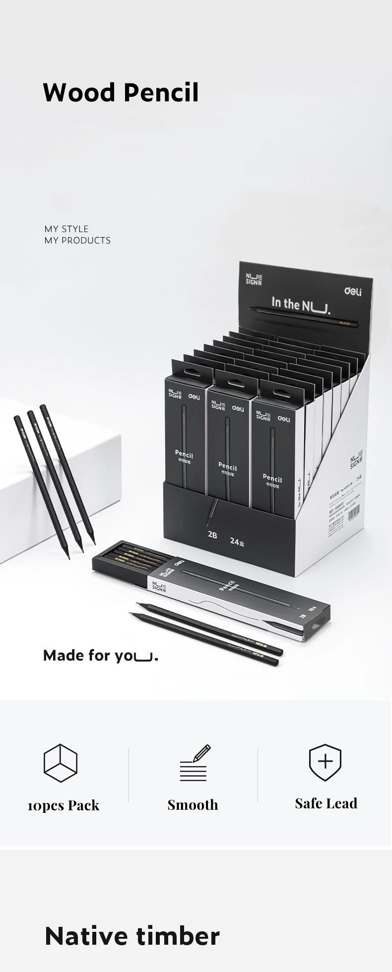 Black Wood Graphite Pencil Set HB 2B Black Lead Office Writing Pencil 10pcs Pack Gift Stationery