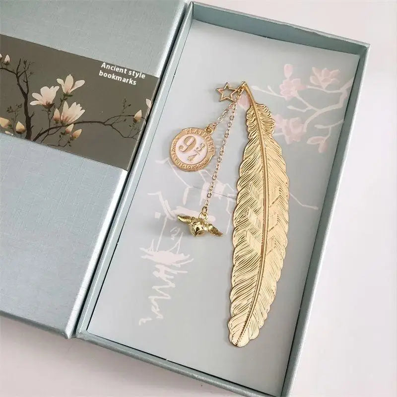Golden Feather Bookmark with Platform 9¾ & Golden Wings Charm – Vintage Metal Bookmark for Book Lovers & Potter Fans - élise & madelyn