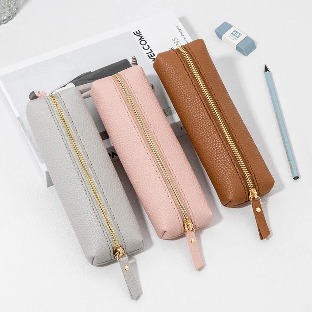 Large Capacity Pen Bag PU Leather Pen Case Korean Stationery Holder Storage Box Zipper Pencil Pouch Student School Supplies