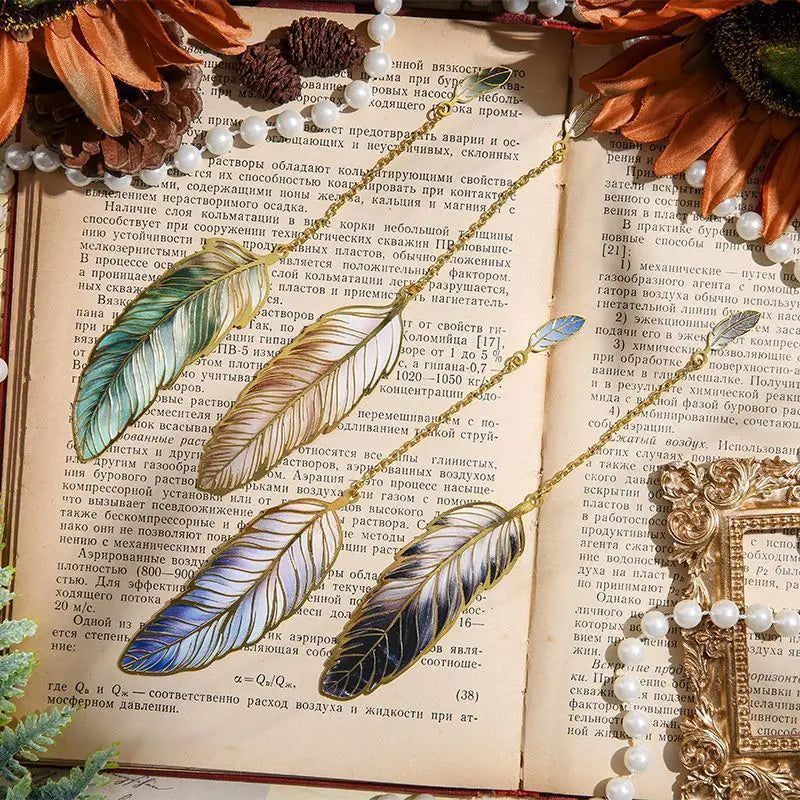 Vintage Feather Bronzing Metal Bookmark With Metal Chain Pendant Bookmark For Teachers Friends Book Club Book Lovers