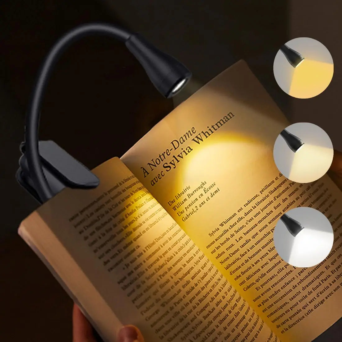 Portable Mini LED Book Light 3 Color Warm Cool White Rechargeable Clip 360° Flip Book Lamp for Travel Bedroom Reading Light