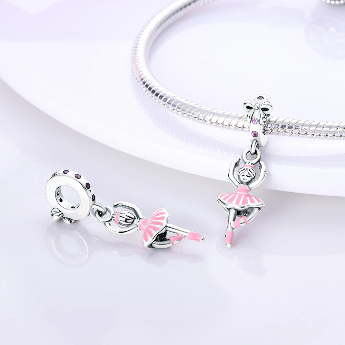 925 Silver Charms Skirt Ballet Shoes Pink Pendants Fit Original Bracelet Beads Diy For Woman Jewelry
