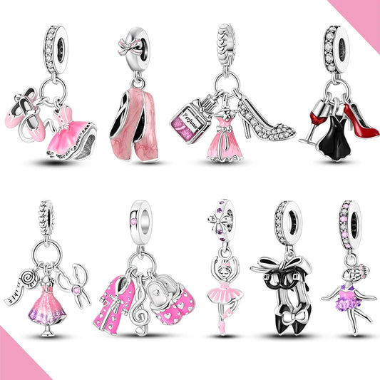 925 Silver Charms Skirt Ballet Shoes Pink Pendants Fit Original Bracelet Beads Diy For Woman Jewelry